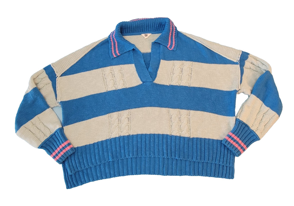 Ascot Hart Womens Sweater XL Cropped Cable Knit Striped Blue White Pink Rugby